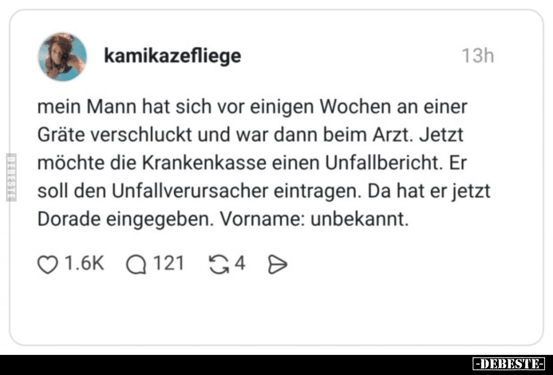 Mein Mann hat sich vor einigen Wochen an einer Gräte verschluckt und war dann beim Arzt.
Jetzt möchte die Krankenkasse einen...