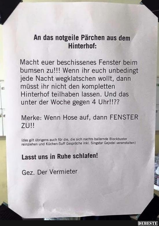 An das notgeile Pärchen aus dem Hinterhof..