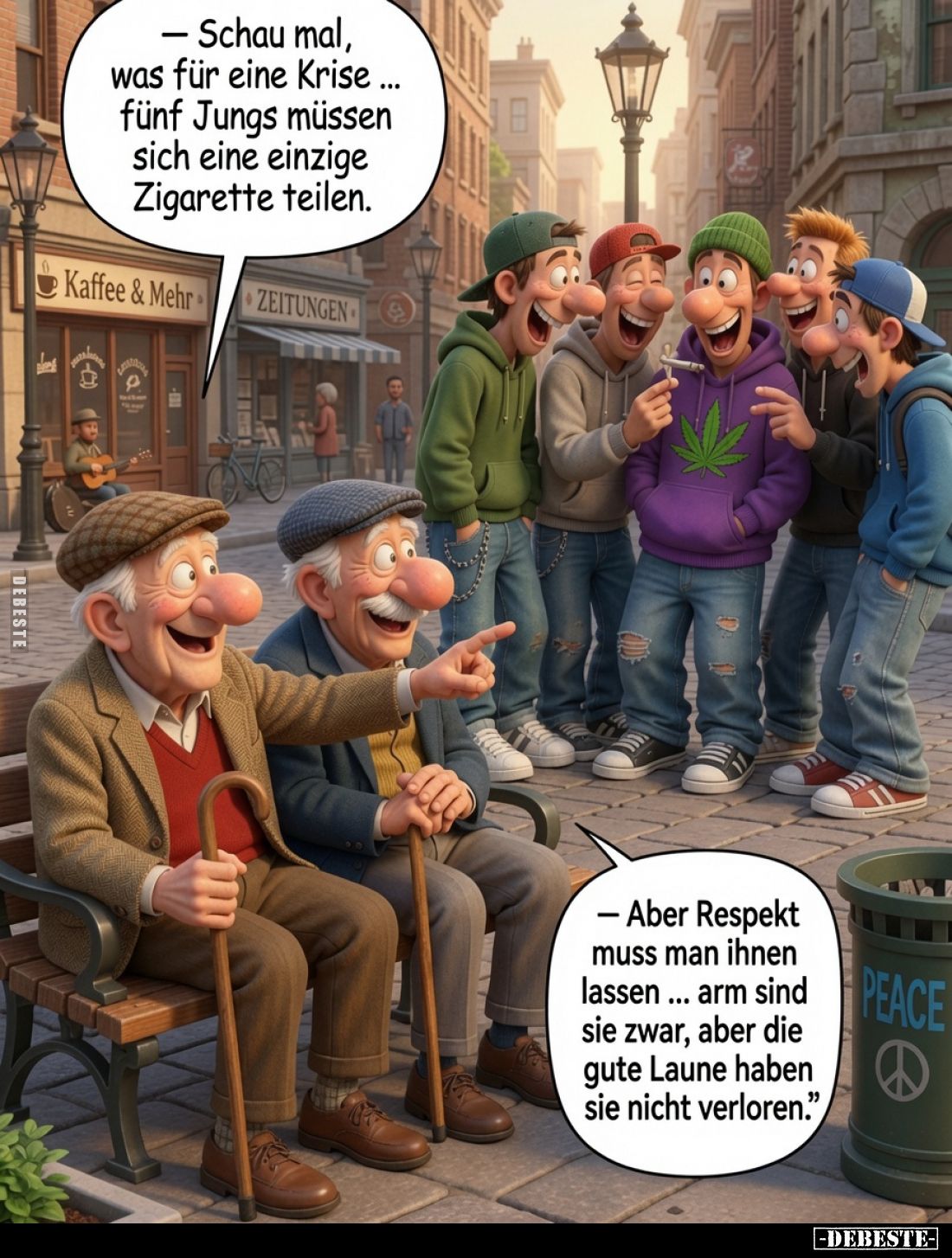 – Schau mal, was für eine Krise... fünf Jungs müssen sich eine einzige Zigarette teilen.
– Aber Respekt muss man ihnen lasse...
