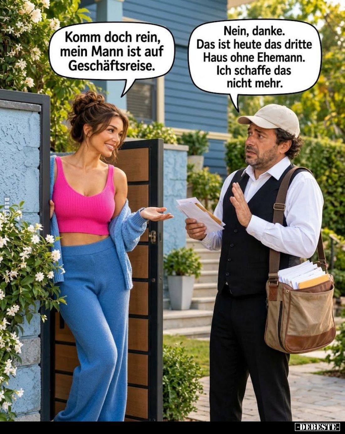 Komm doch rein, mein Mann ist auf Geschäftsreise.

Nein, danke.
Das ist heute das dritte Haus ohne Ehemann.
Ich schaffe d...