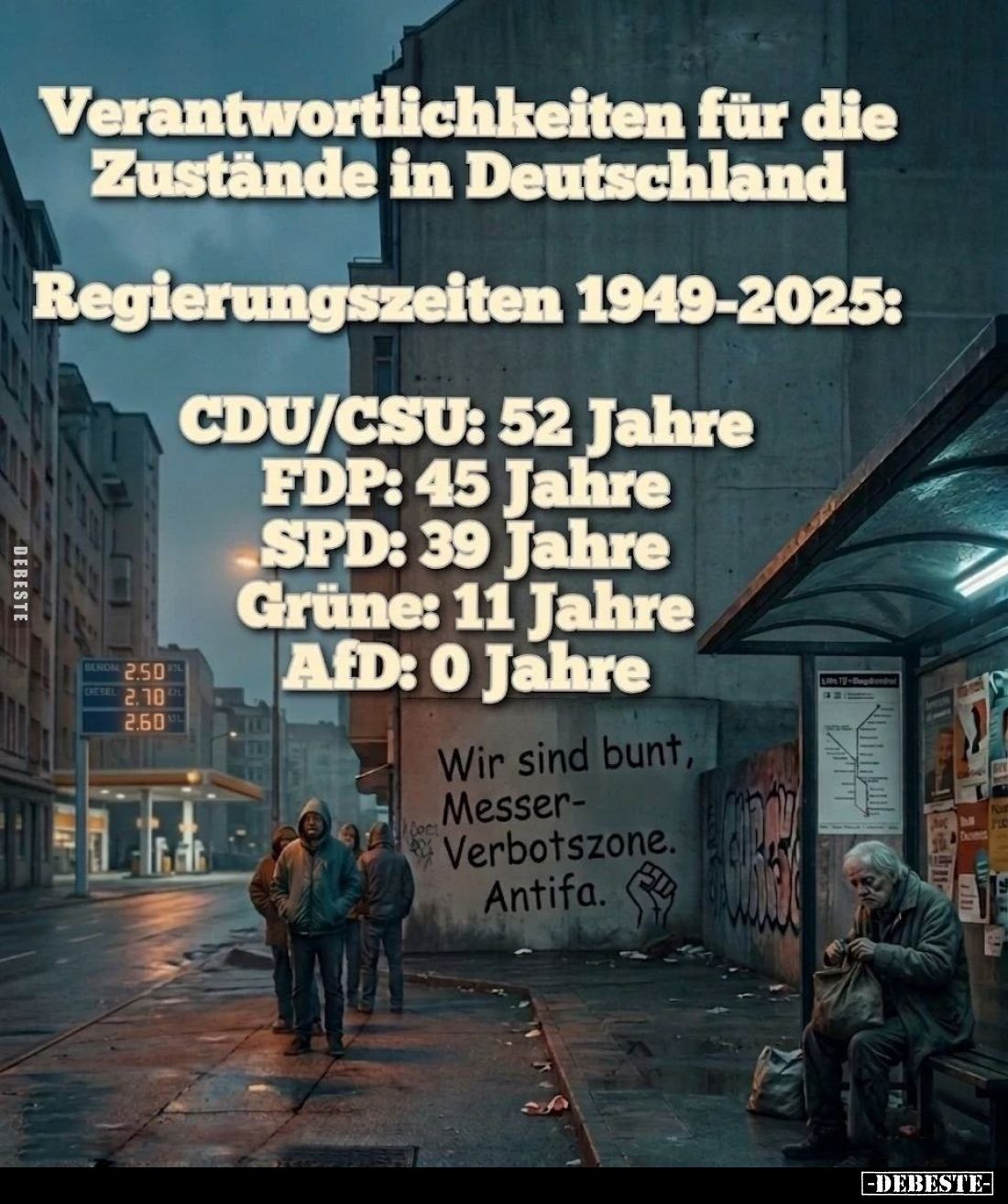 Verantwortlichkeiten für die Zustände in Deutschland
Regierungszeiten 1949-2025:
CDU/CSU: 52 Jahre
FDP: 45 Jahre
SPD: 39 ...