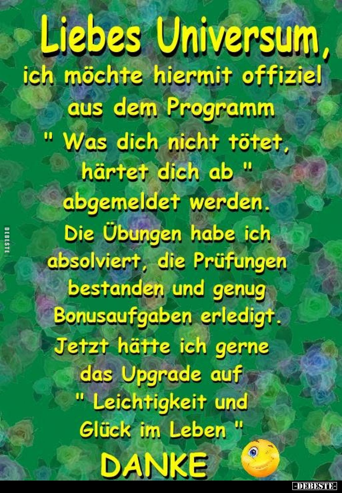Liebes Universum,
ich möchte hiermit offizielle aus dem Programm "Was dich nicht tötet, härtet dich ab" abgemeldet...