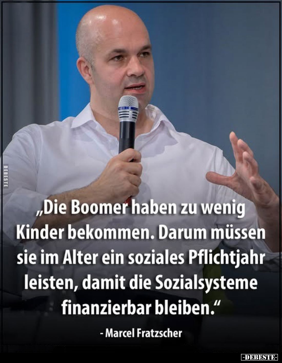 „Die Boomer haben zu wenig Kinder bekommen.
Darum müssen sie im Alter ein soziales Pflichtjahr leisten, damit die Sozialsyst...