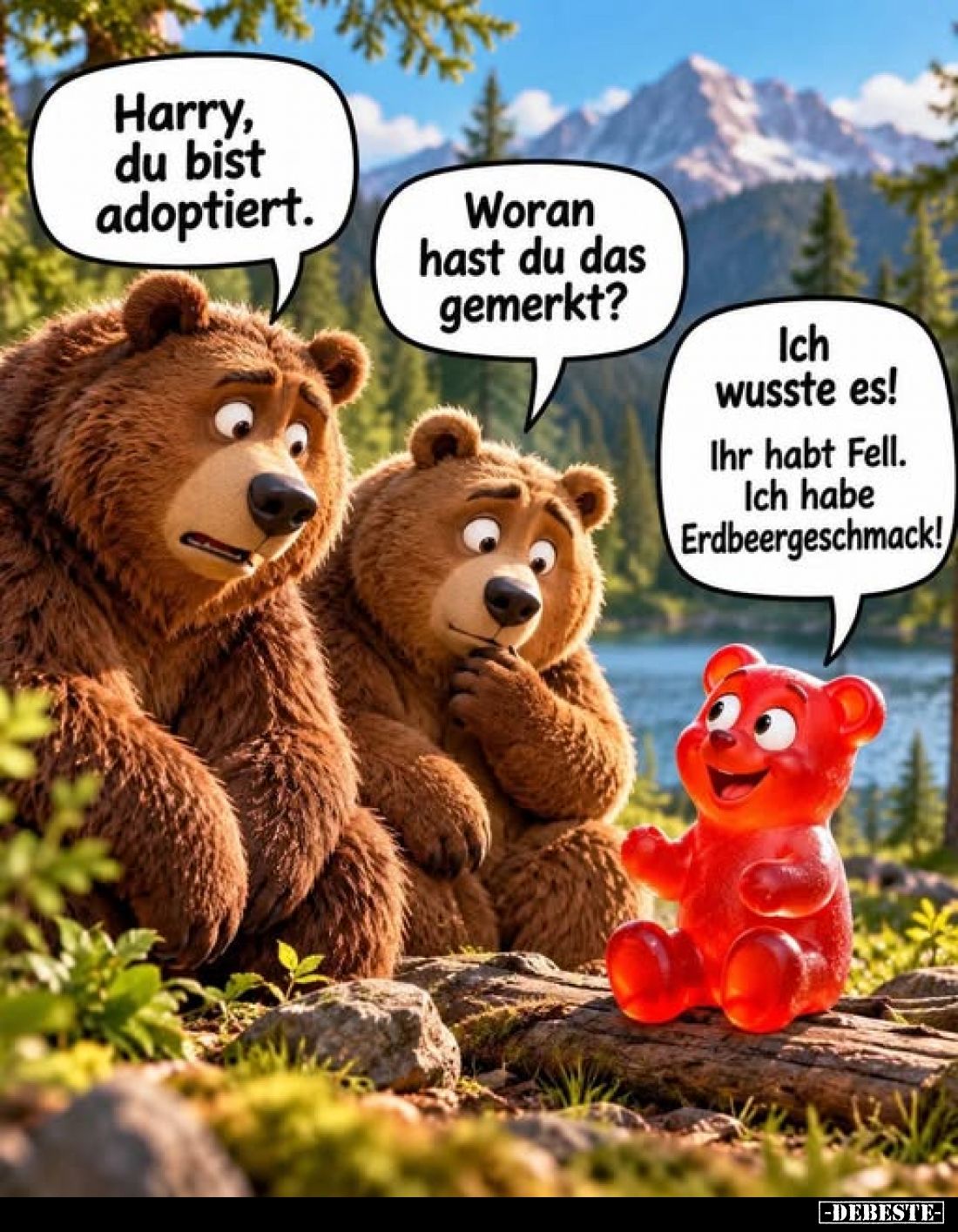Harry, du bist adoptiert.
-
Ich wusste es!
-
Woran hast du das gemerkt?
-
Ihr habt Fell. Ich habe Erdbeergeschmack!