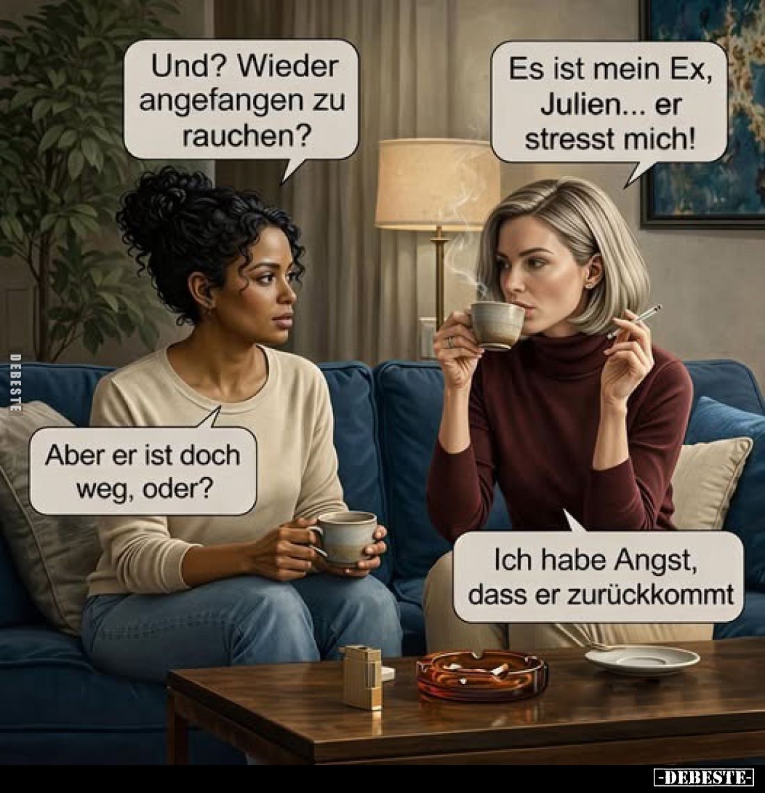 Und? Wieder angefangen zu rauchen?
-
Es ist mein Ex, Julien... er stresst mich!
-
Aber er ist doch weg, oder?
-
Ich hab...