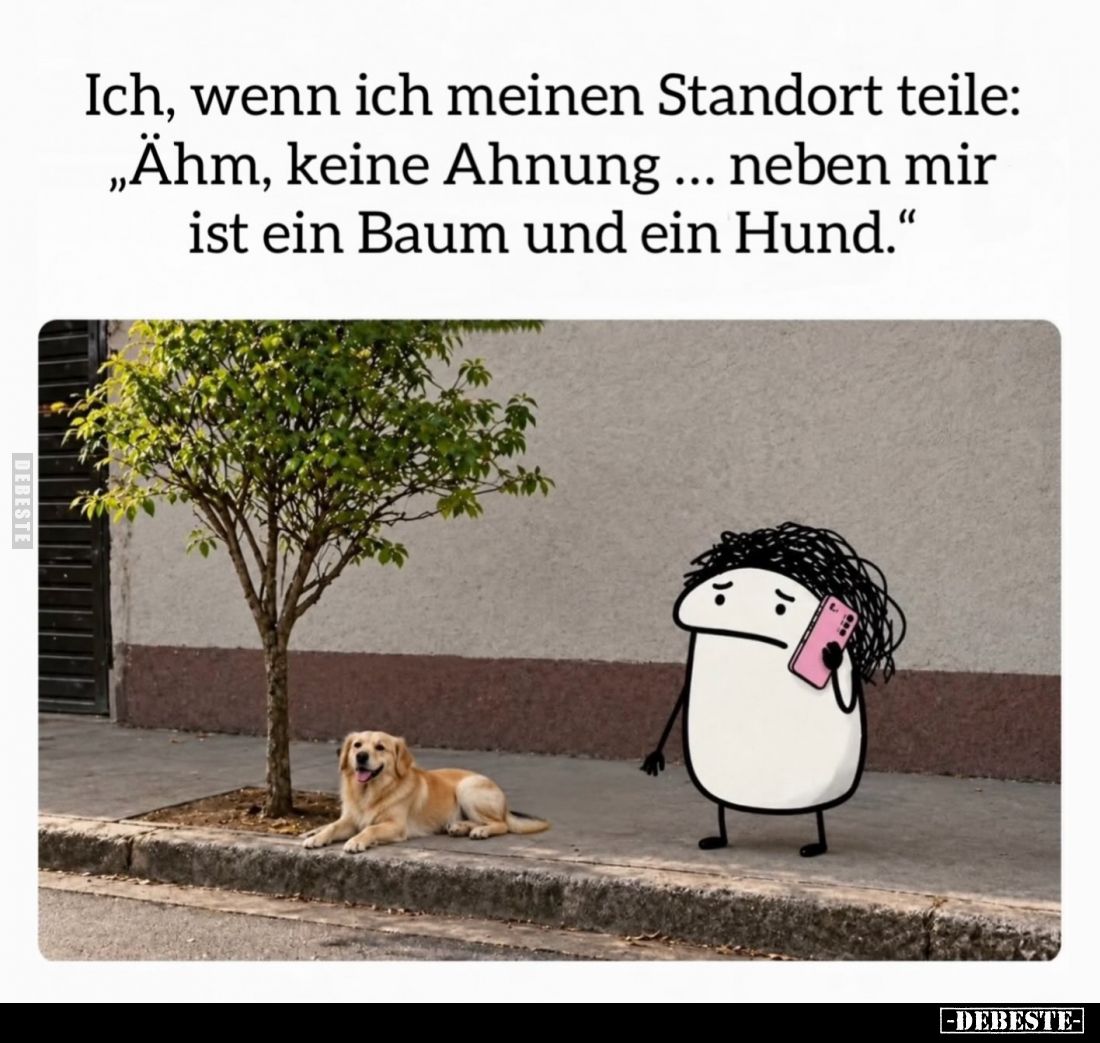 Ich, wenn ich meinen Standort teile:
„Ähm, keine Ahnung ... neben mir ist ein Baum und ein Hund.“