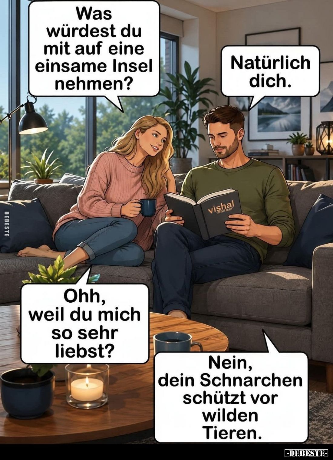 Was würdest du mit auf eine einsame Insel nehmen?
Natürlich dich.
Ohh, weil du mich so sehr liebst?
Nein, dein Schna...