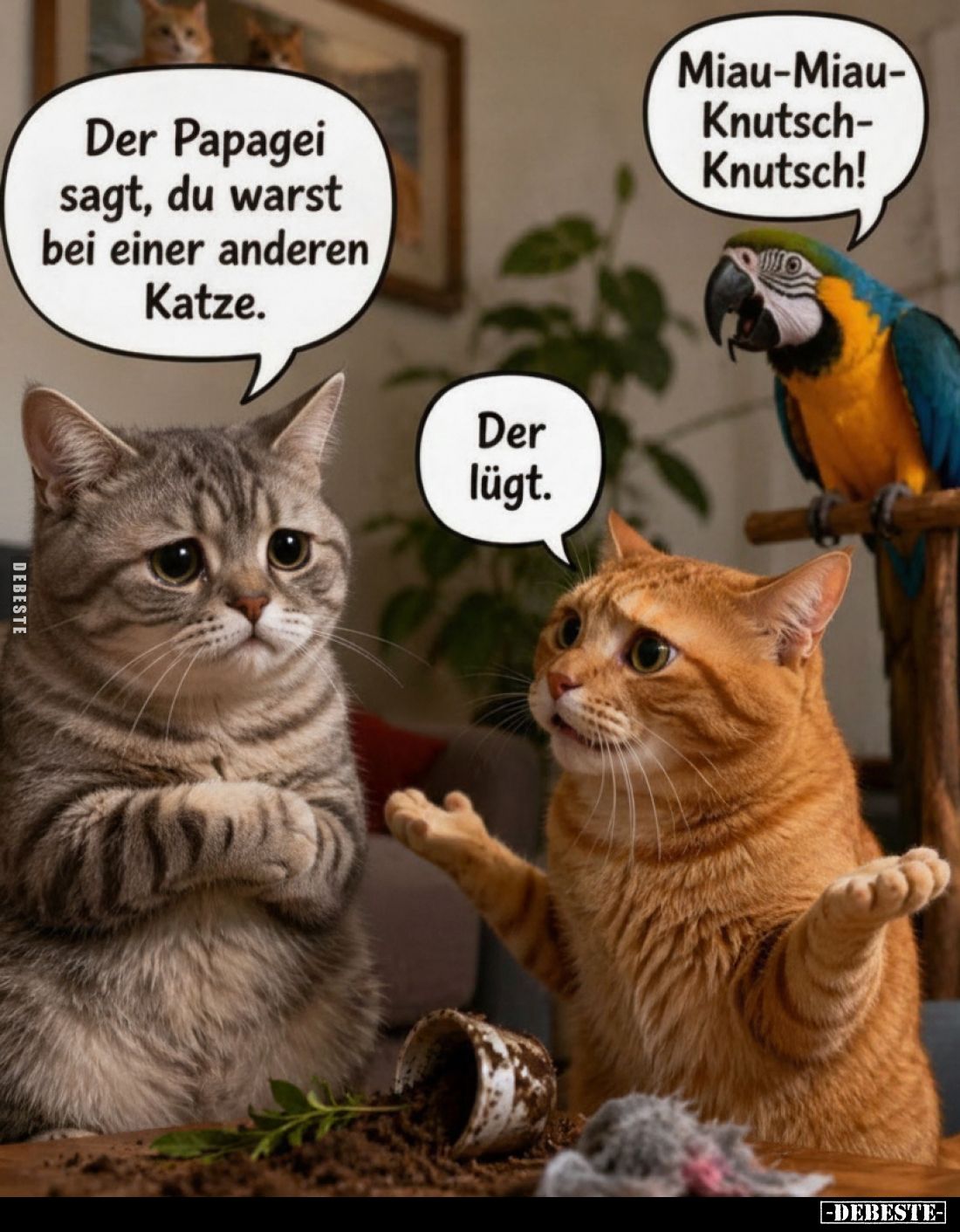 Der Papagei sagt, du warst bei einer anderen Katze.
Der lügt.
Miau-Miau-Knutsch-Knutsch!