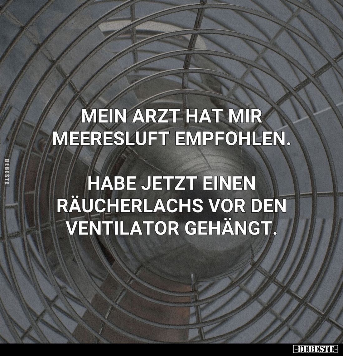 Mein Arzt hat mir Meeresluft empfohlen.
Habe jetzt einen Räucherlachs vor den Ventilator gehängt.
