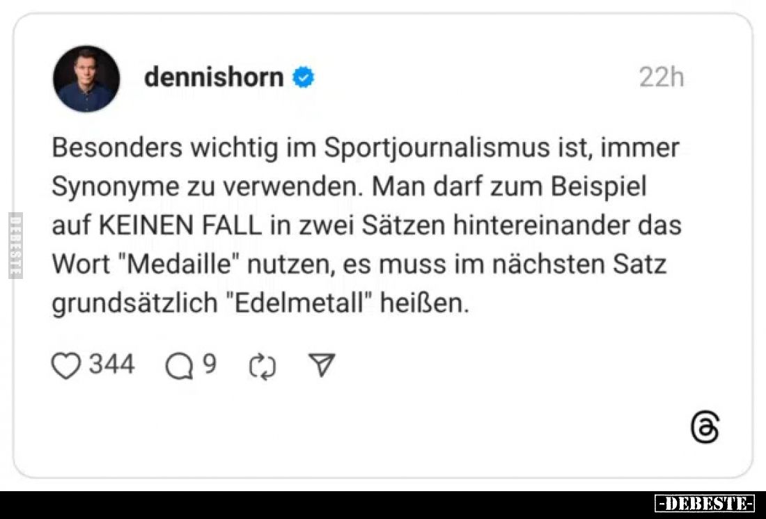 Besonders wichtig im Sportjournalismus ist, immer Synonyme zu verwenden. Man darf zum Beispiel auf KEINEN FALL in zwei Sätzen...
