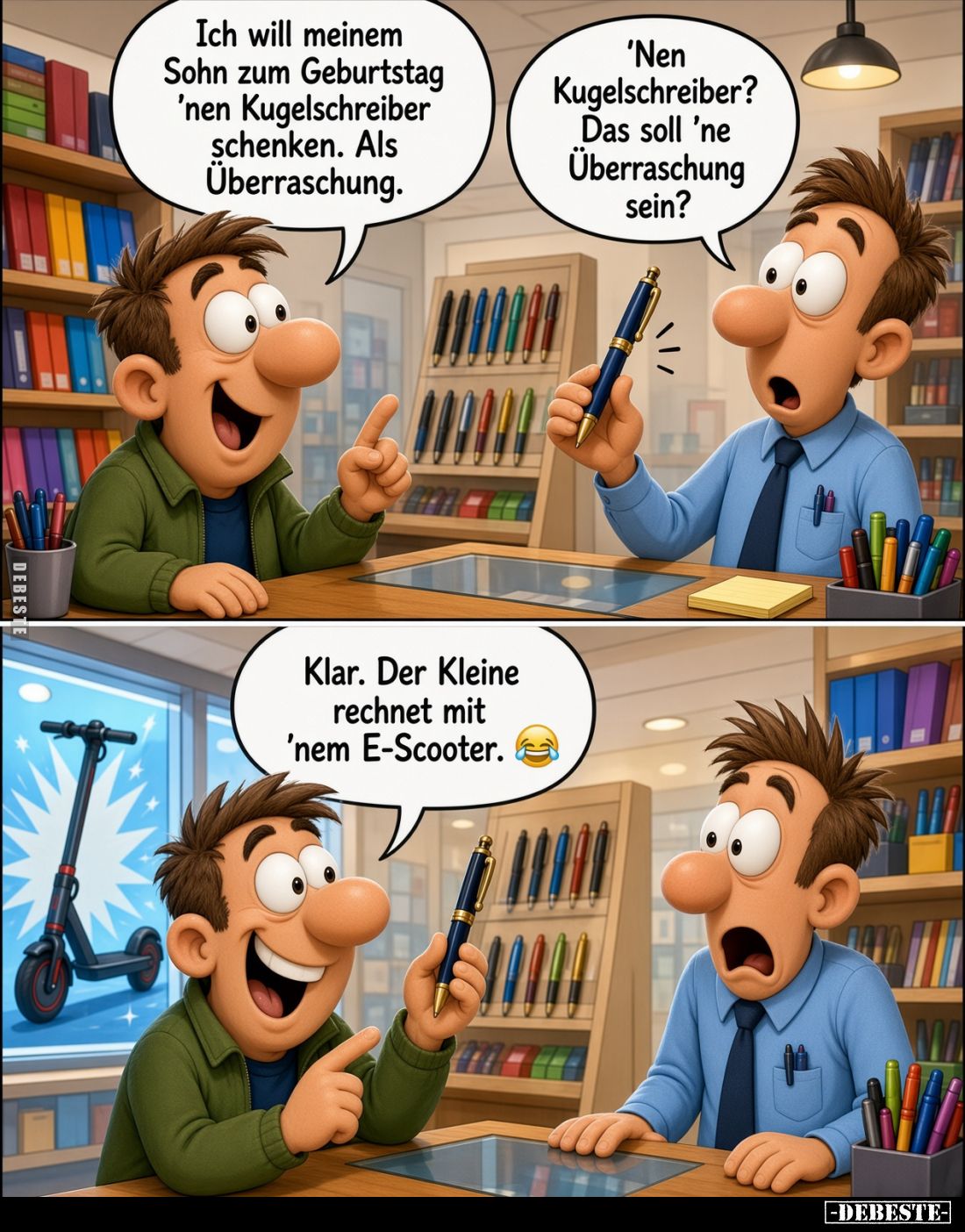 Ich will meinem Sohn zum Geburtstag 'nen Kugelschreiber schenken. Als Überraschung.
'Nen Kugelschreiber? Das soll 'ne Überra...