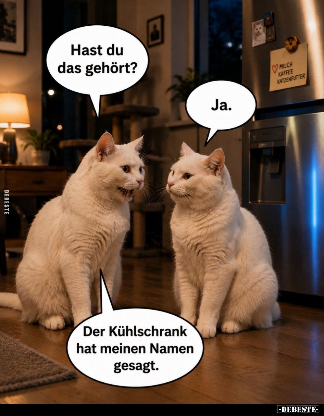 Hast du das gehört?
-
Ja.
-
Der Kühlschrank hat meinen Namen gesagt.