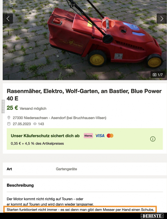 Rasenmäher, Elektro, Wolf-Garten, an Bastler, Blue Power 40.. - Lustige Bilder | DEBESTE.de