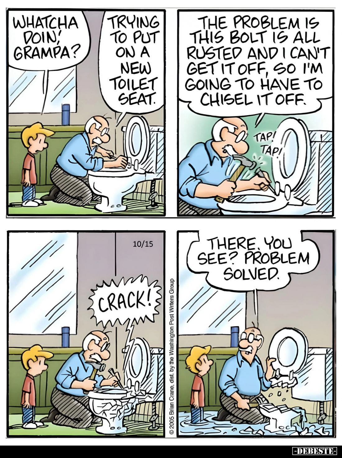 Whatcha doin' grampa? -
Trying to put on a new toilet seat. -
The problem is this bolt is all rusted and I can't get it off...