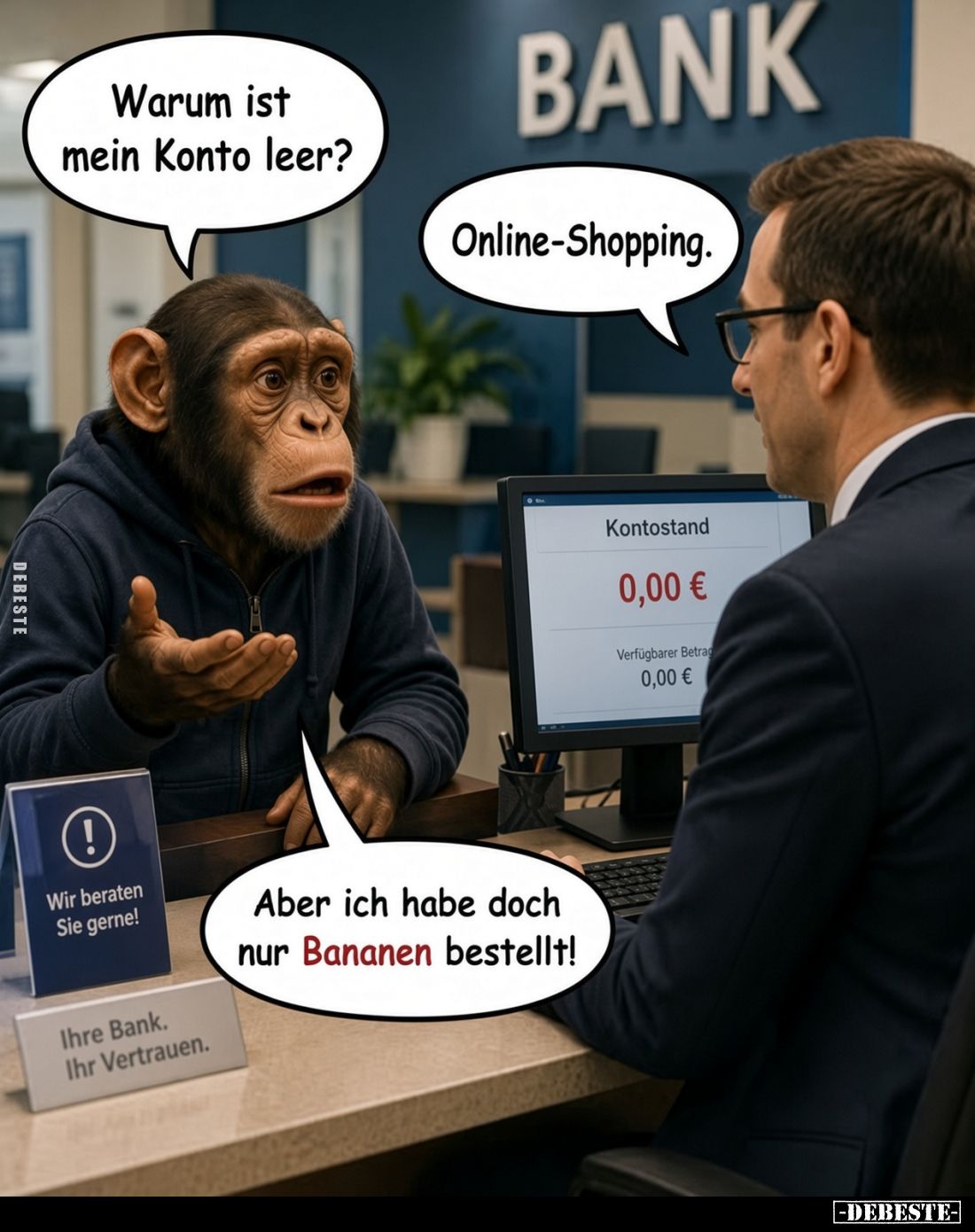Warum ist mein Konto leer?
-
Online-Shopping.
-
Aber ich habe doch nur Bananen bestellt!