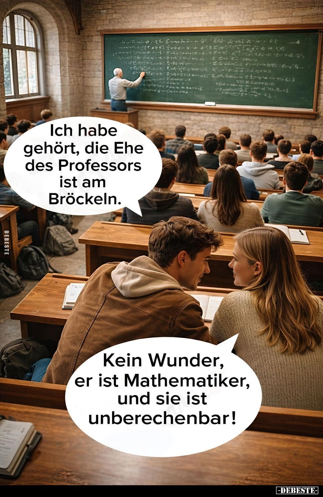 Ich habe gehört, die Ehe des Professors ist am Bröckeln. -
Kein Wunder, er ist Mathematiker, und sie ist unberechenbar!