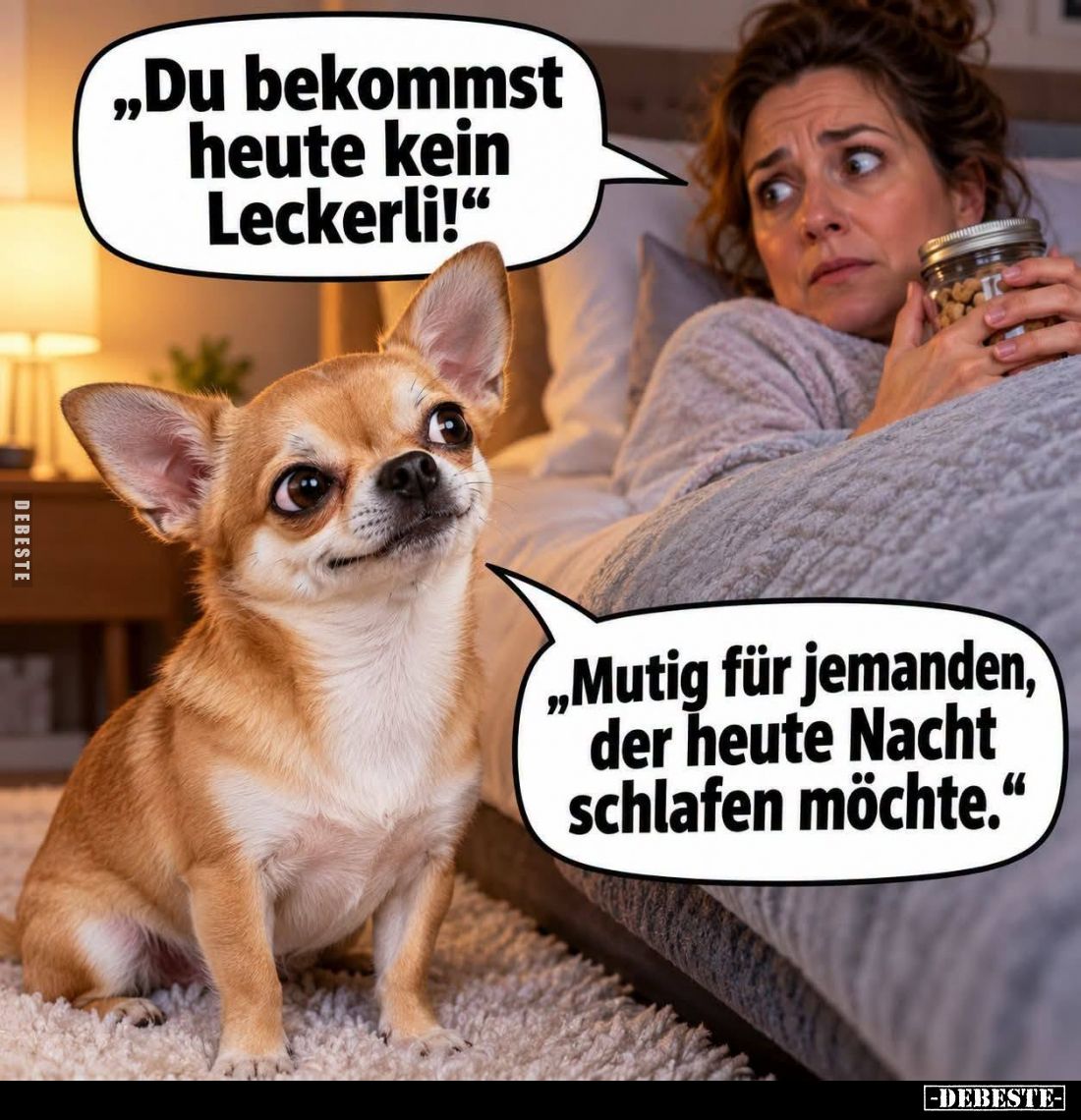 "Du bekommst heute kein Leckerli!"
-
"Mutig für jemanden, der heute Nacht schlafen möchte."