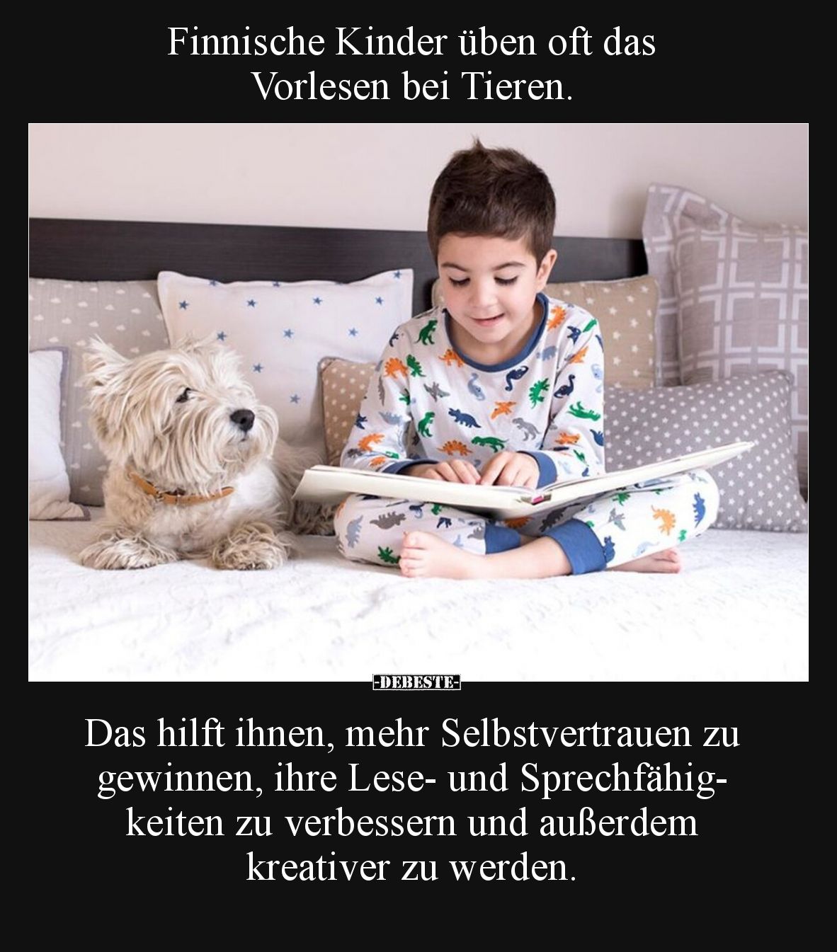 Finnische Kinder üben oft das Vorlesen bei Tieren.

Das hilft ihnen, mehr Selbstvertrauen zu gewinnen, ihre Lese- und Sprec...