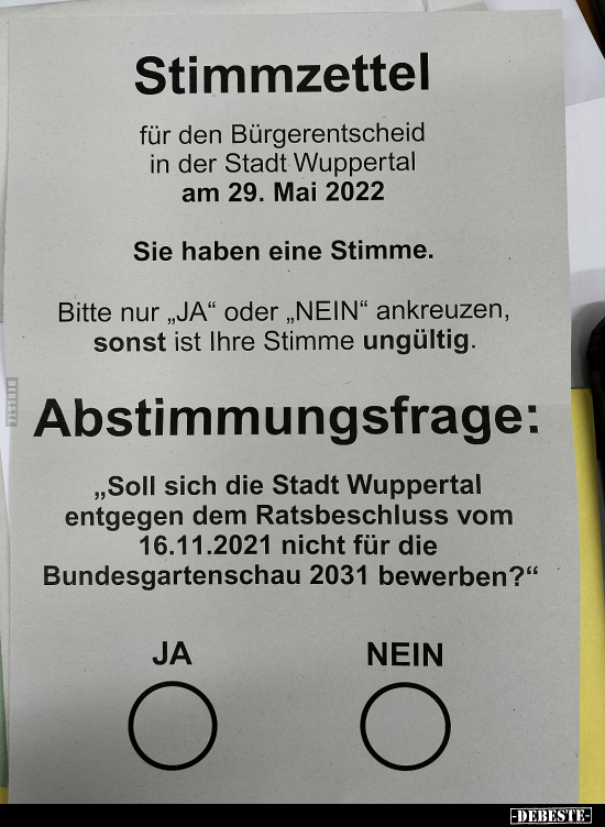Stimmzettel für den Bürgerentscheid in der Stadt Wuppertal.. - Lustige Bilder | DEBESTE.de