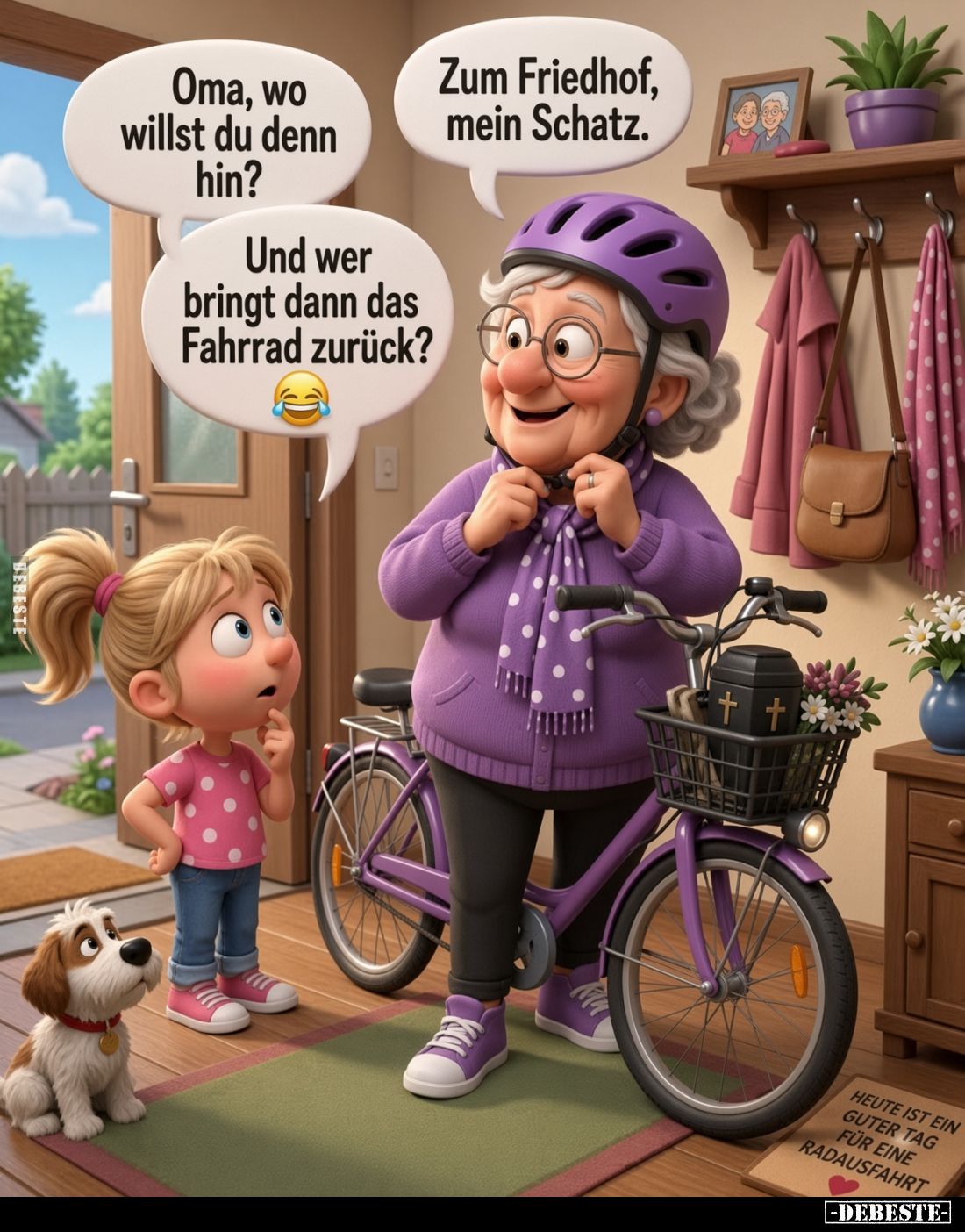 Oma, wo willst du denn hin?
Zum Friedhof, mein Schatz.
Und wer bringt dann das Fahrrad zurück?