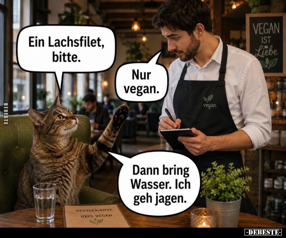 Ein Lachsfilet, bitte.
-
Nur vegan.
-
Dann bring Wasser. Ich geh jagen.