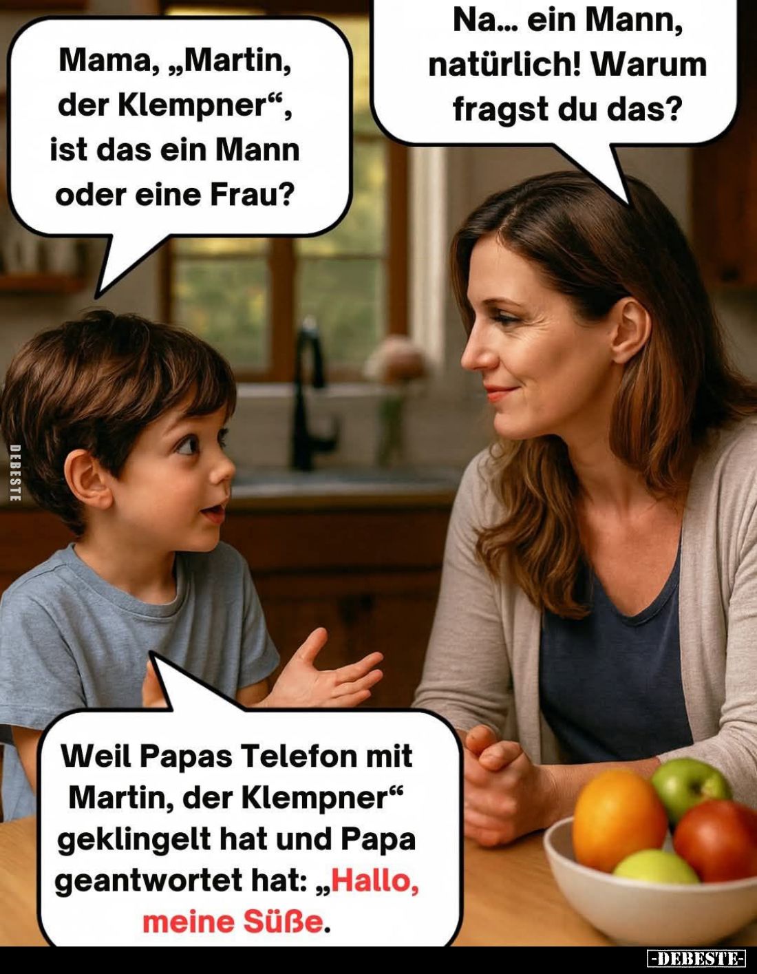 Mama, "Martin, der Klempner", ist das ein Mann oder eine Frau? -
Na... ein Mann, natürlich! Warum fragst du das? -...