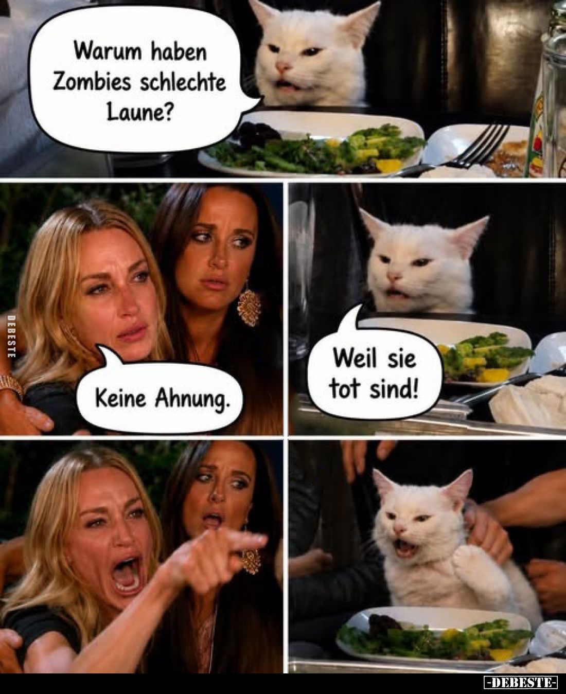 Warum haben Zombies schlechte Laune?
-
Keine Ahnung.
-
Weil sie tot sind!
