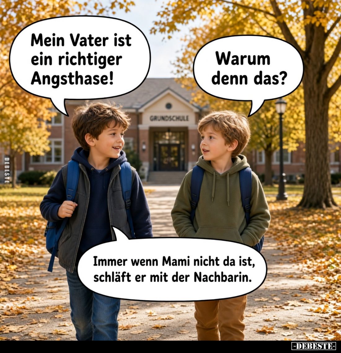 Mein Vater ist ein richtiger Angsthase!

Warum denn das?

Immer wenn Mami nicht da ist, schläft er mit der Nachbarin.