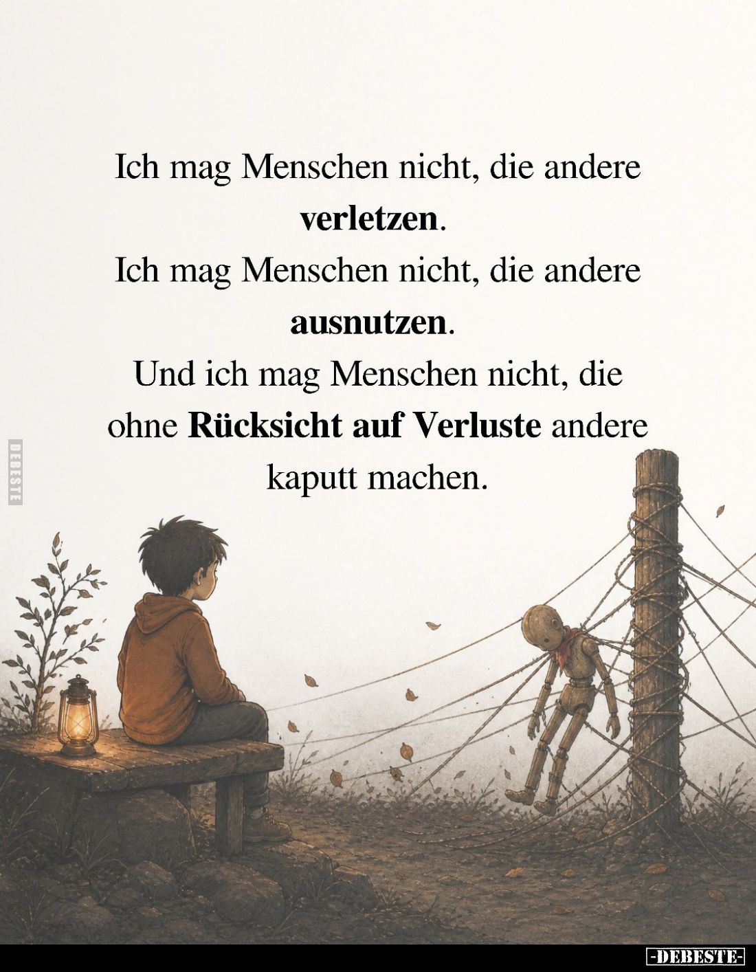 Ich mag Menschen nicht, die andere verletzen.
Ich mag Menschen nicht, die andere ausnutzen.
Und ich mag Menschen nicht, die...