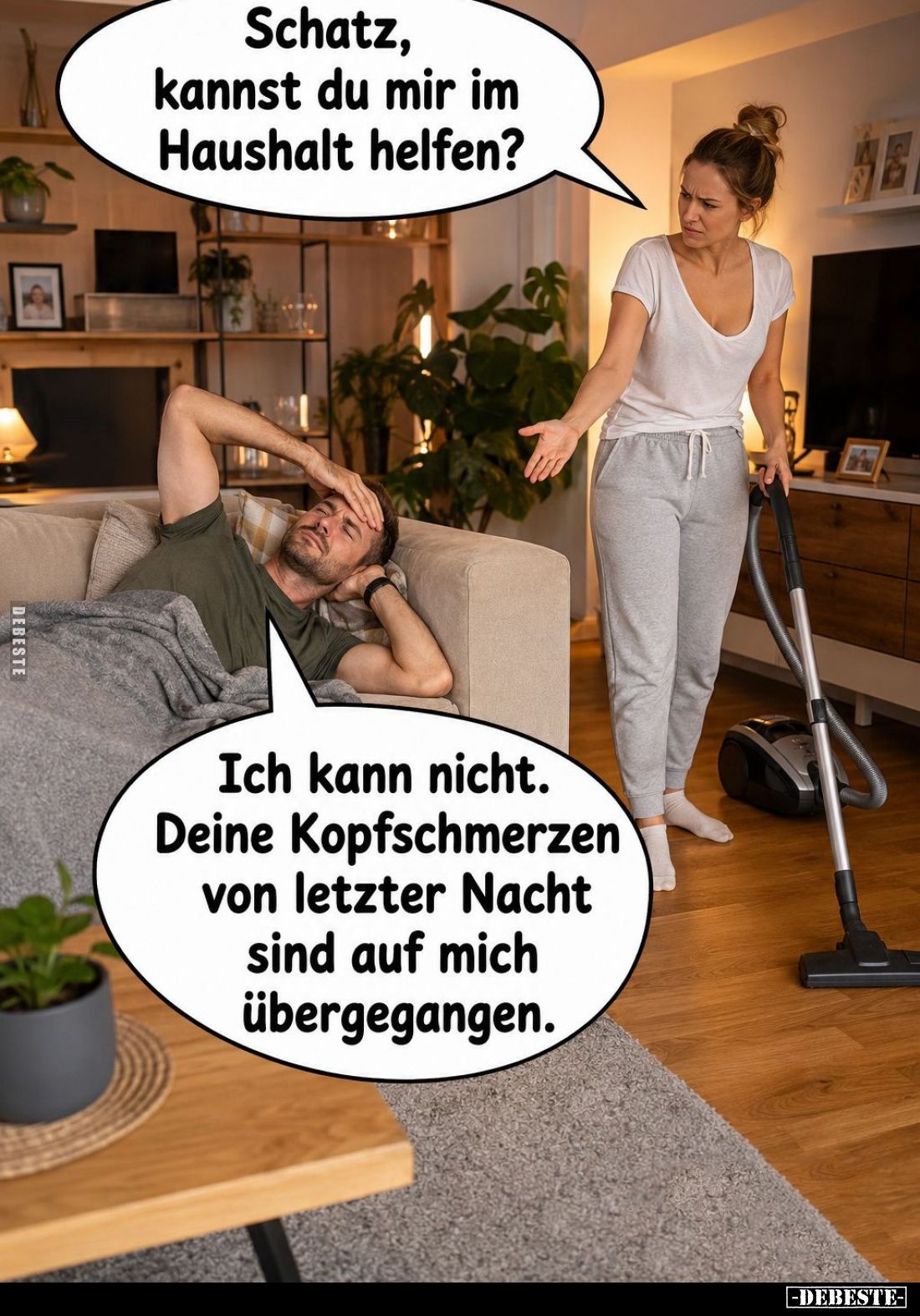 Schatz, kannst du mir im Haushalt helfen? - Ich kann nicht. Deine Kopfschmerzen von letzter Nacht sind auf mich übergegangen.