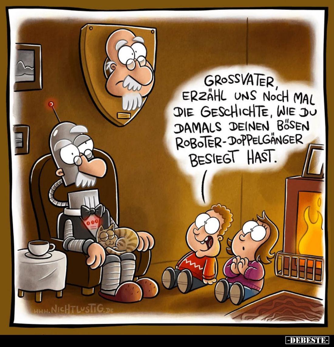 Großvater, erzähl uns noch mal die Geschichte, wie du damals deinen bösen Roboter-Doppelganger besiegt hast.