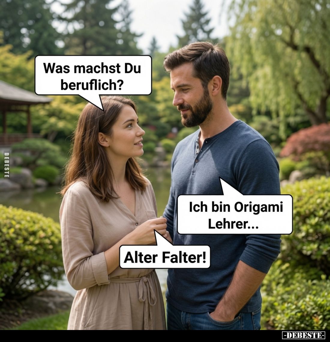Was machst Du beruflich?
-
Ich bin Origami Lehrer... -
Alter Falter!