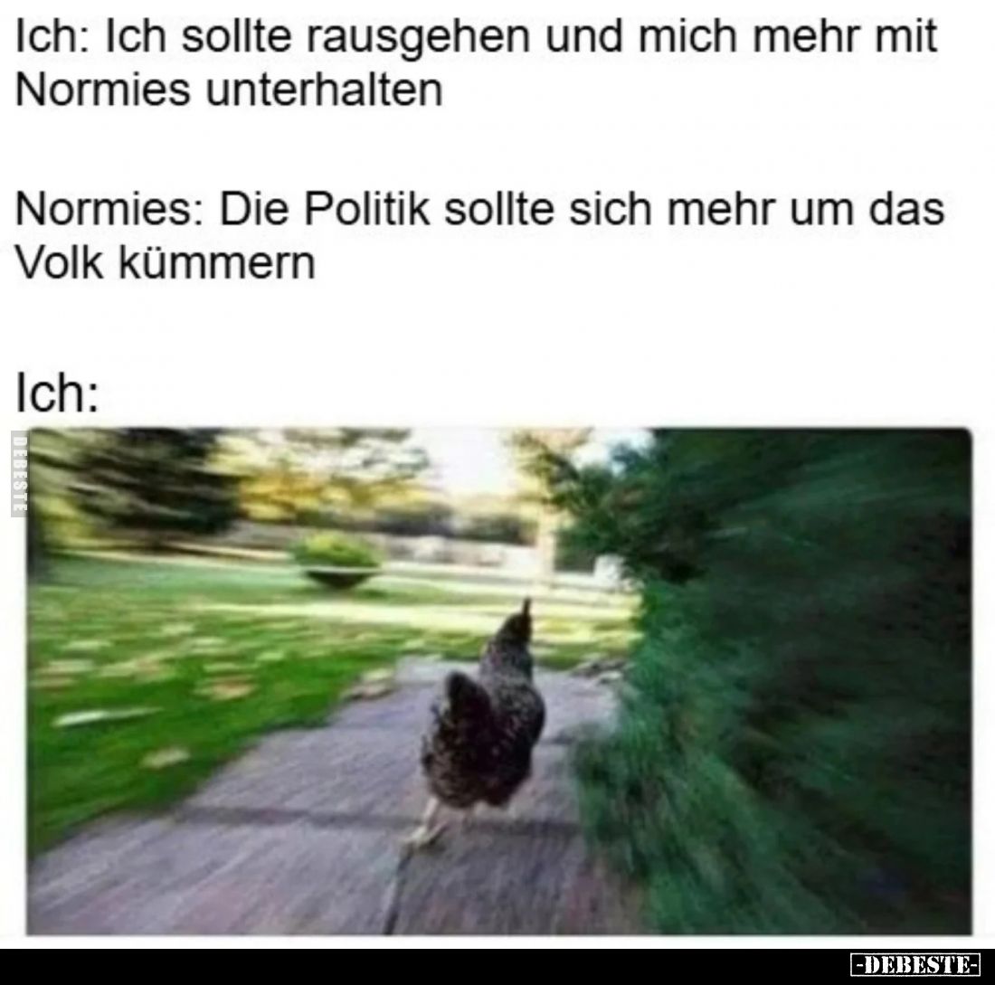 Ich: Ich sollte rausgehen und mich mehr mit Normies unterhalten. -
Normies: Die Politik sollte sich mehr um das Volk kümmern...