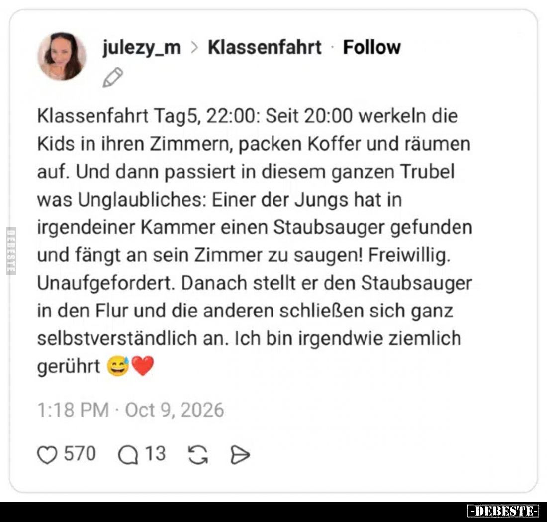 Klassenfahrt Tag5, 22:00: Seit 20:00 werkeln die Kids in ihren Zimmern, packen Koffer und räumen auf. Und dann passiert in di...