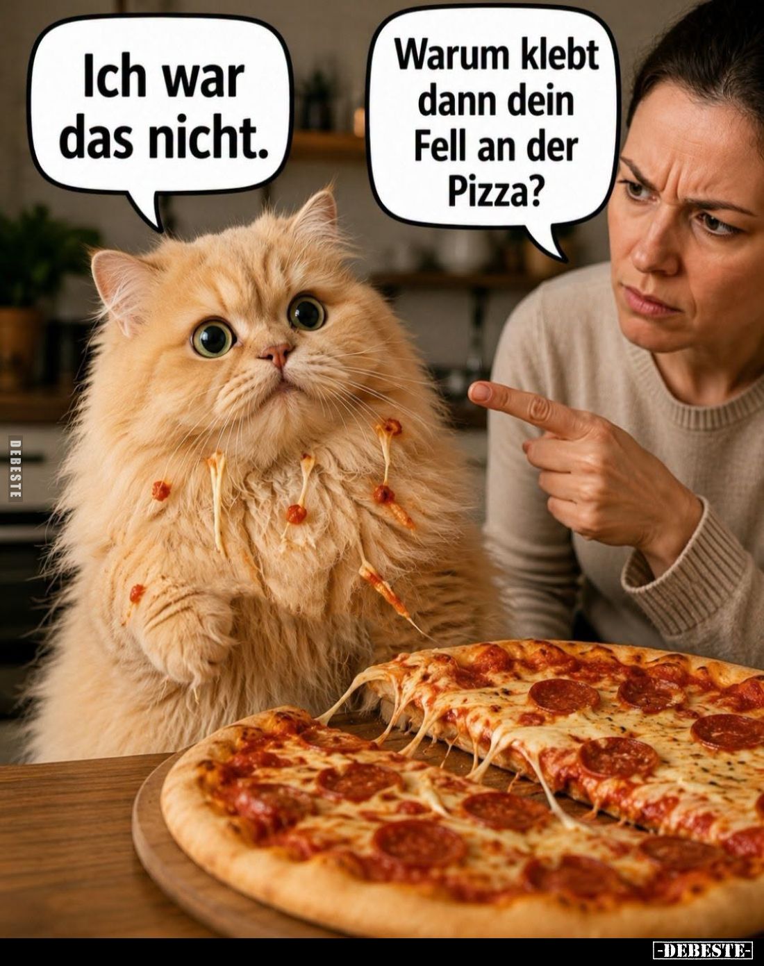 Ich war das nicht. -
Warum klebt dann dein Fell an der Pizza?