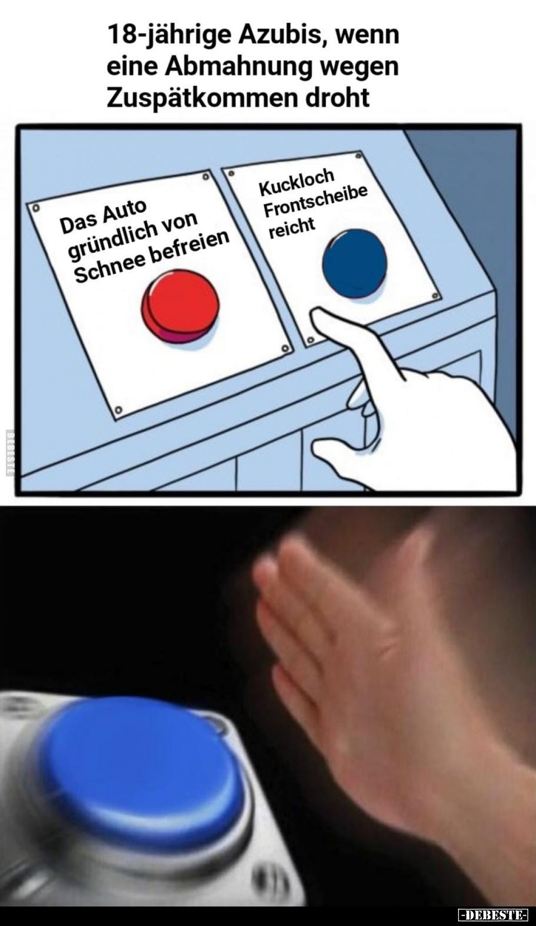 18-jährige Azubis, wenn eine Abmahnung wegen Zuspätkommen droht
-
Das Auto gründlich von Schnee befreien
-
Kuckloch Front...