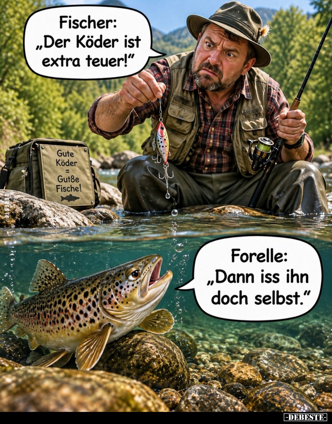 Fischer:
"Der Köder ist
extra teuer!"
-
Forelle:
"Dann iss ihn
doch selbst."