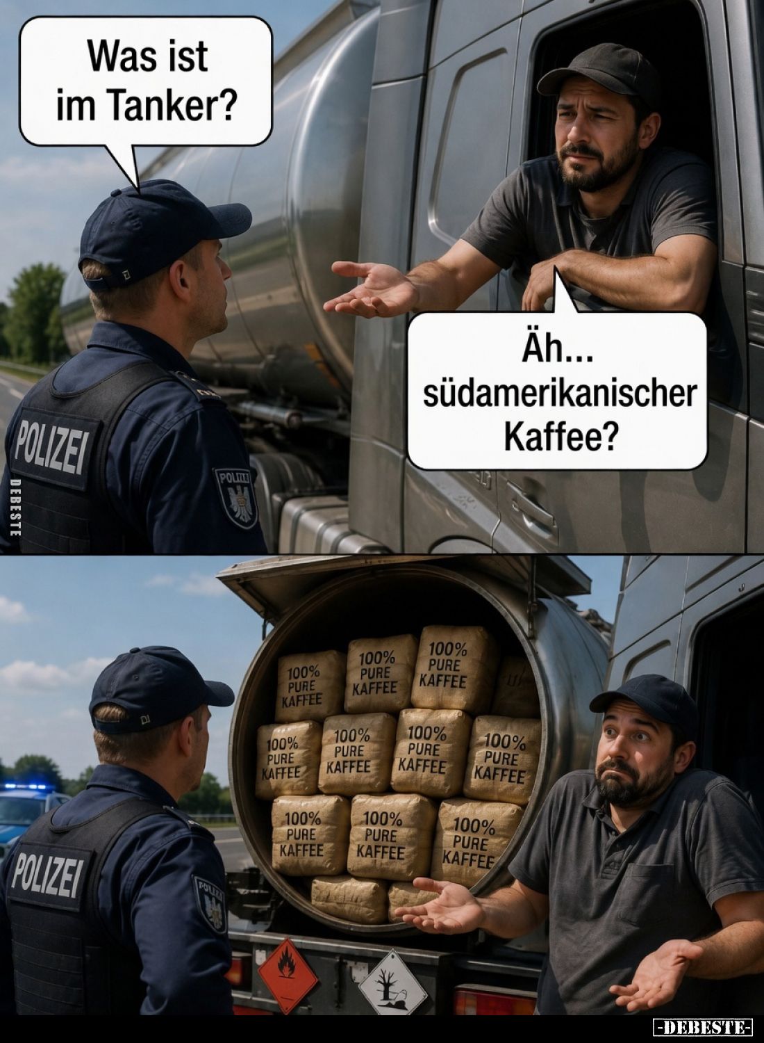 Was ist im Tanker?
Äh... südamerikanischer Kaffee?