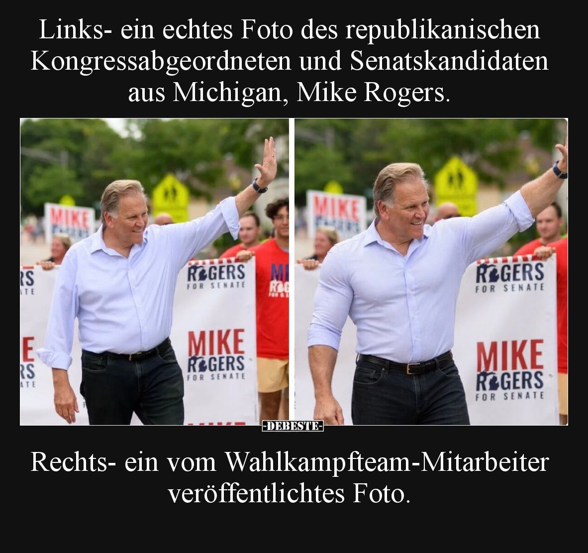Links- ein echtes Foto des republikanischen Kongressabgeordneten und Senatskandidaten aus Michigan, Mike Rogers.
Rechts- e...