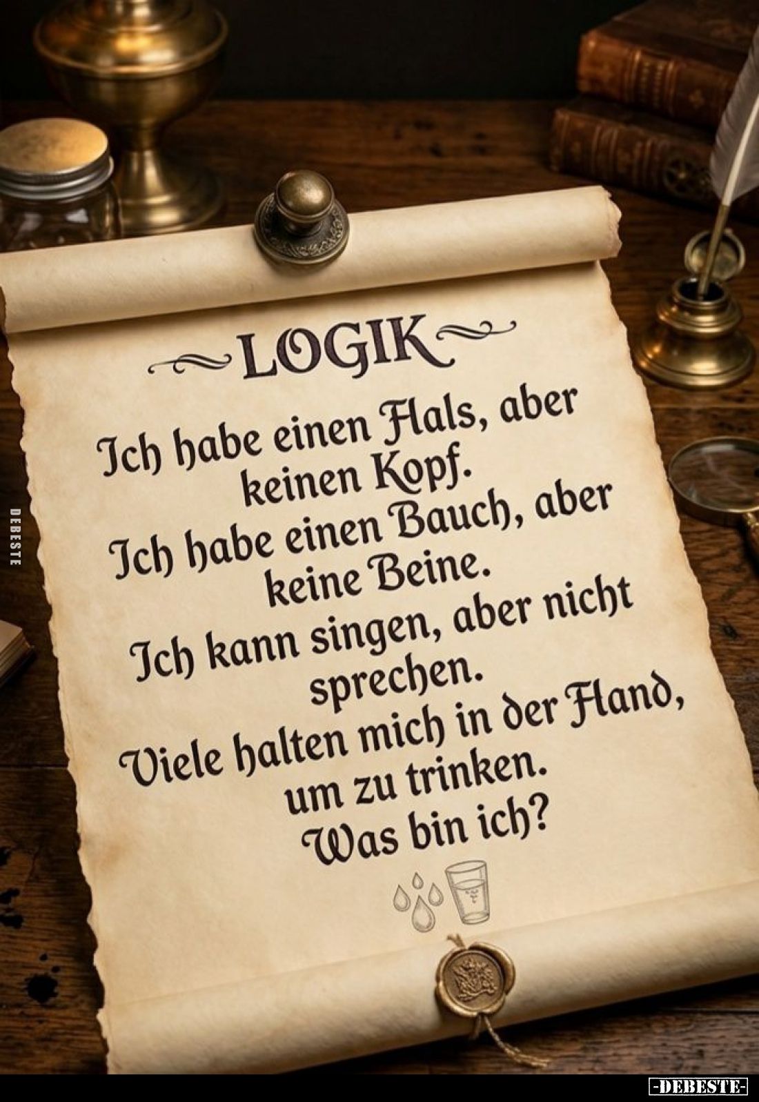 Logik: Ich habe einen Flals, aber keinen Kopf.
Ich habe einen Bauch, aber keine Beine.
Ich kann singen, aber nicht sprechen...