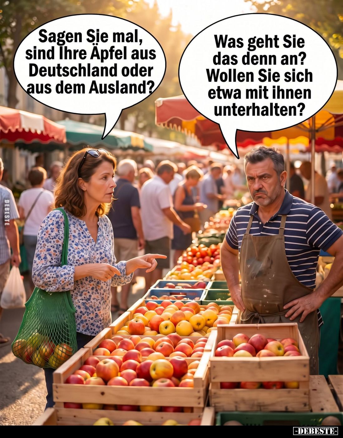 Sagen Sie mal, sind Ihre Äpfel aus Deutschland oder aus dem Ausland?
-
Was geht Sie das denn an? Wollen Sie sich etwa mit i...