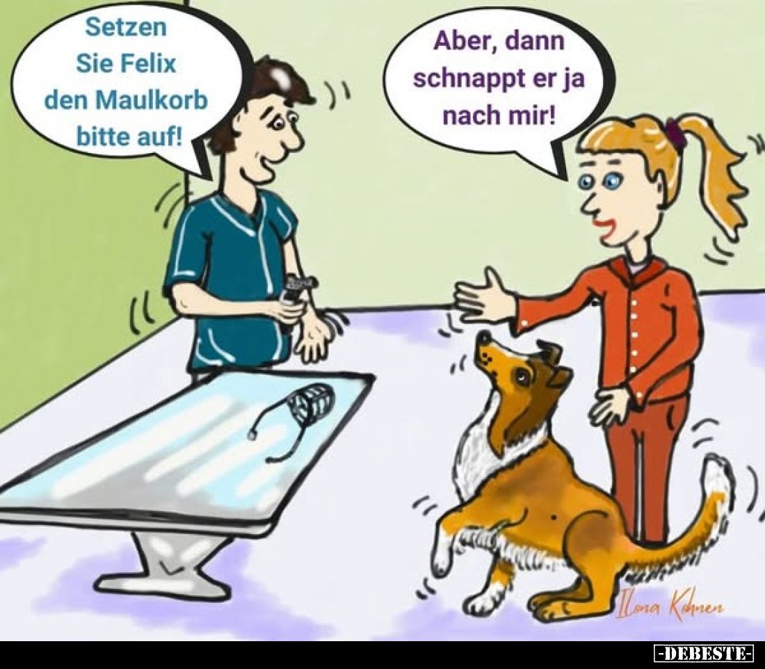 Setzen Sie Felix den Maulkorb bitte auf! -
Aber, dann schnappt er ja nach mir!
