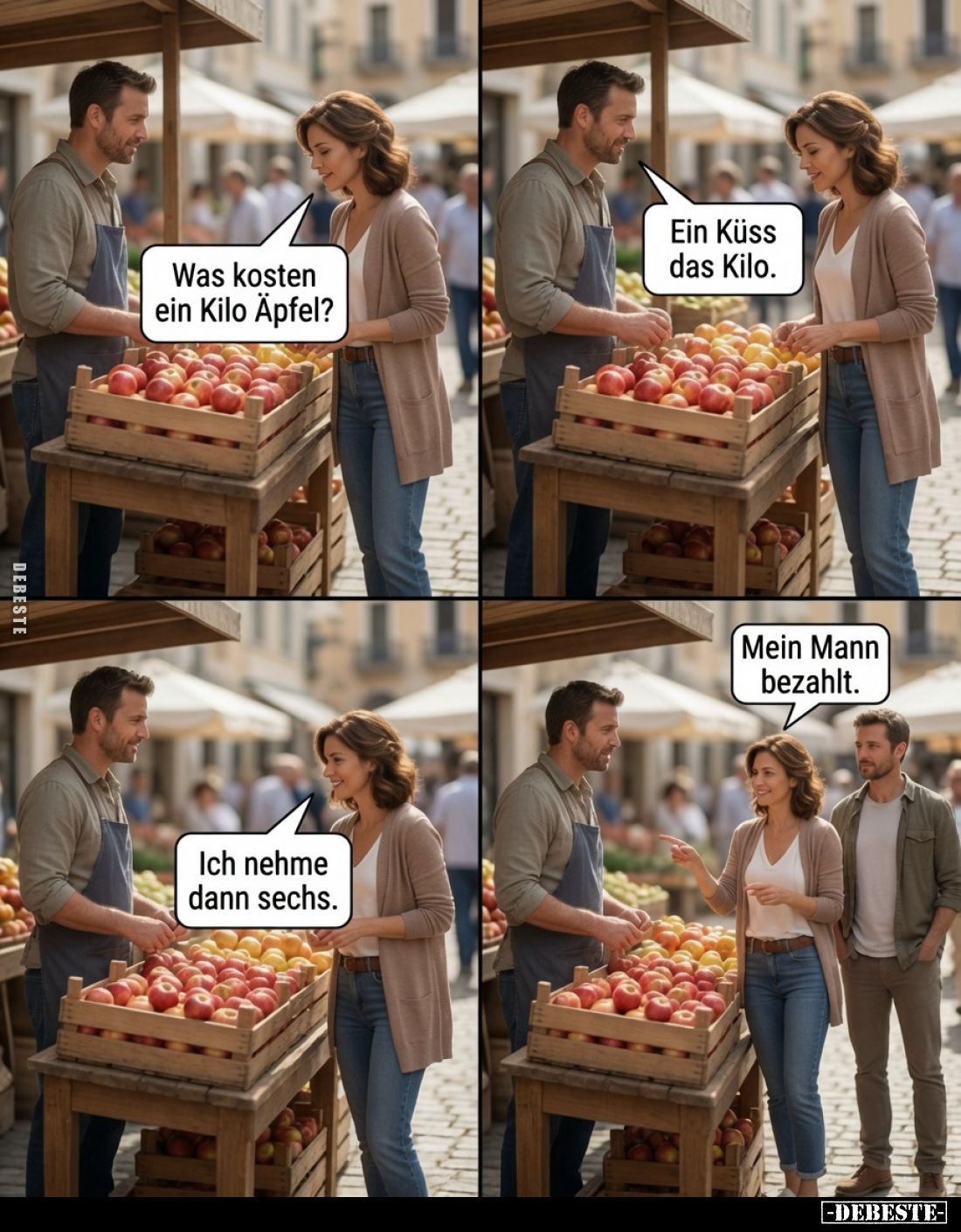 Was kosten ein Kilo Äpfel?
Ein Kuss das Kilo.
Ich nehme dann sechs. Mein Mann bezahlt.