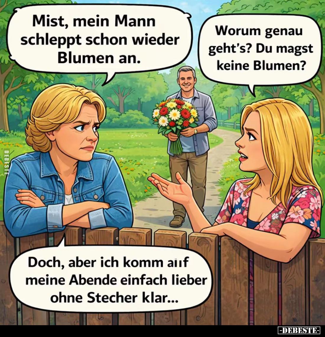 Mist, mein Mann schleppt schon wieder Blumen an. -
Worum genau geht's? Du magst keine Blumen? -
Doch, aber ich komm auf mei...