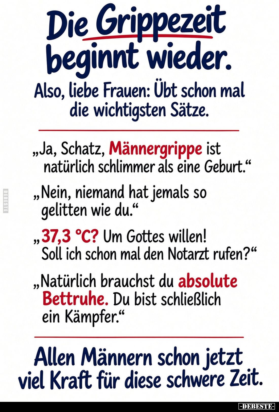 Die Grippezeit beginnt wieder.
Also, liebe Frauen: Übt schon mal die wichtigsten Sätze.
„Ja, Schatz, Männergrippe ist natür...