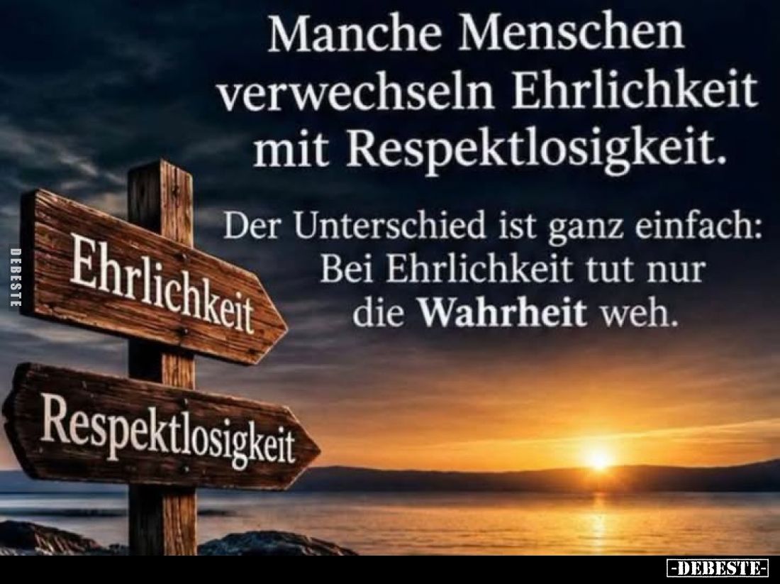 Manche Menschen verwechseln Ehrlichkeit mit Respektlosigkeit.
-
Der Unterschied ist ganz einfach:
Bei Ehrlichkeit tut nur ...