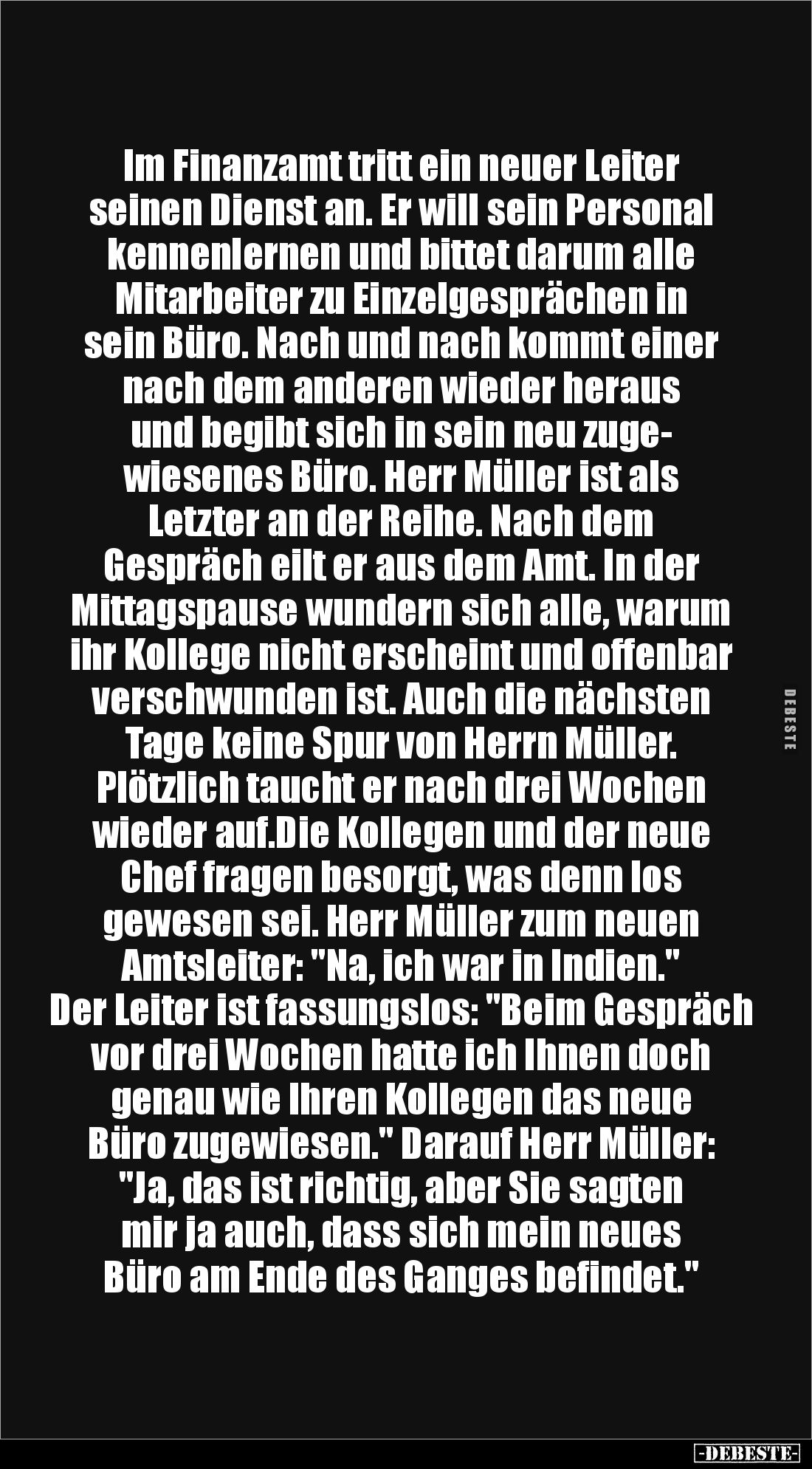 Im Finanzamt tritt ein neuer Leiter seinen Dienst an. Er will sein Personal kennenlernen und bittet darum alle Mitarbeiter zu...