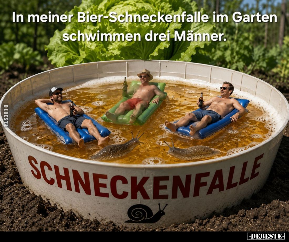 In meiner Bier-Schneckenfalle im Garten schwimmen drei Männer.