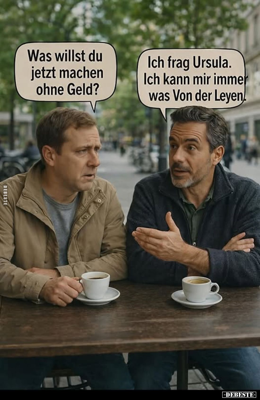 Was willst du jetzt machen ohne Geld?
Ich frag Ursula. Ich kann mir immer was Von der Leyen.