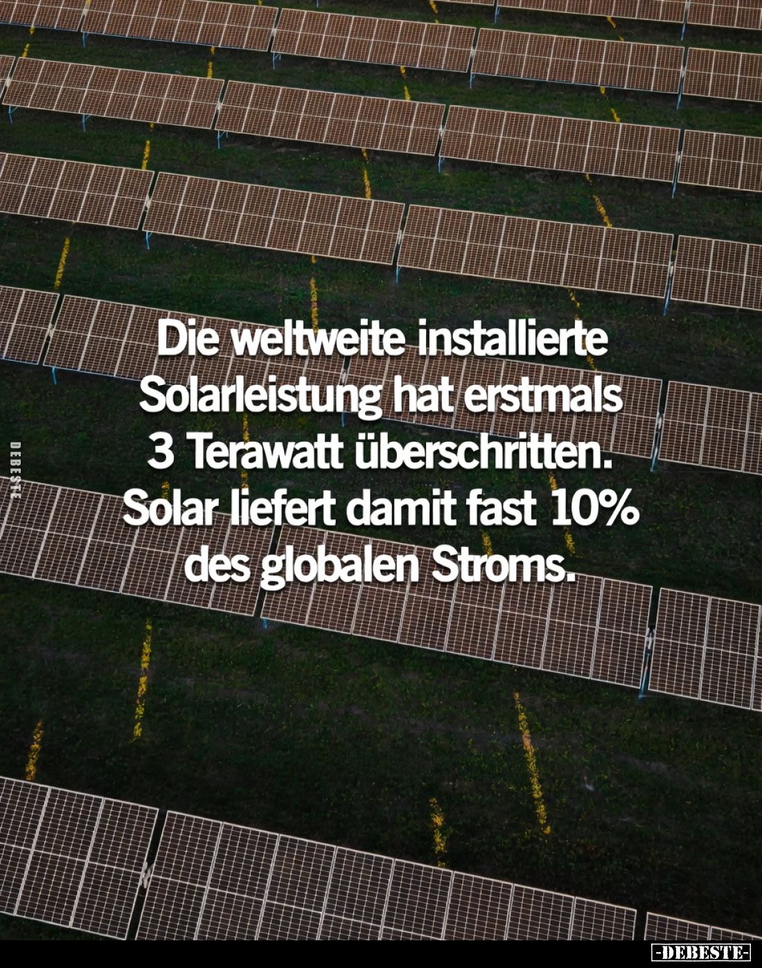 Die weltweite installierte Solarleistung hat erstmals 3 Terawatt überschritten.
Solar liefert damit fast 10% des globalen St...